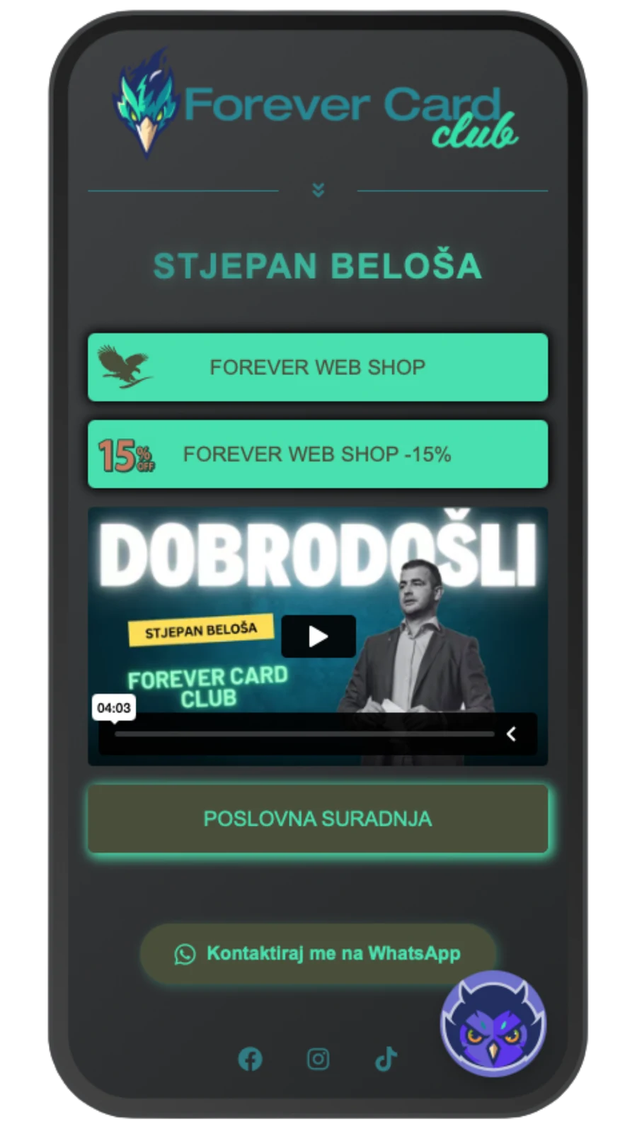 Snimka zaslona primjera aplikacije Forever Card