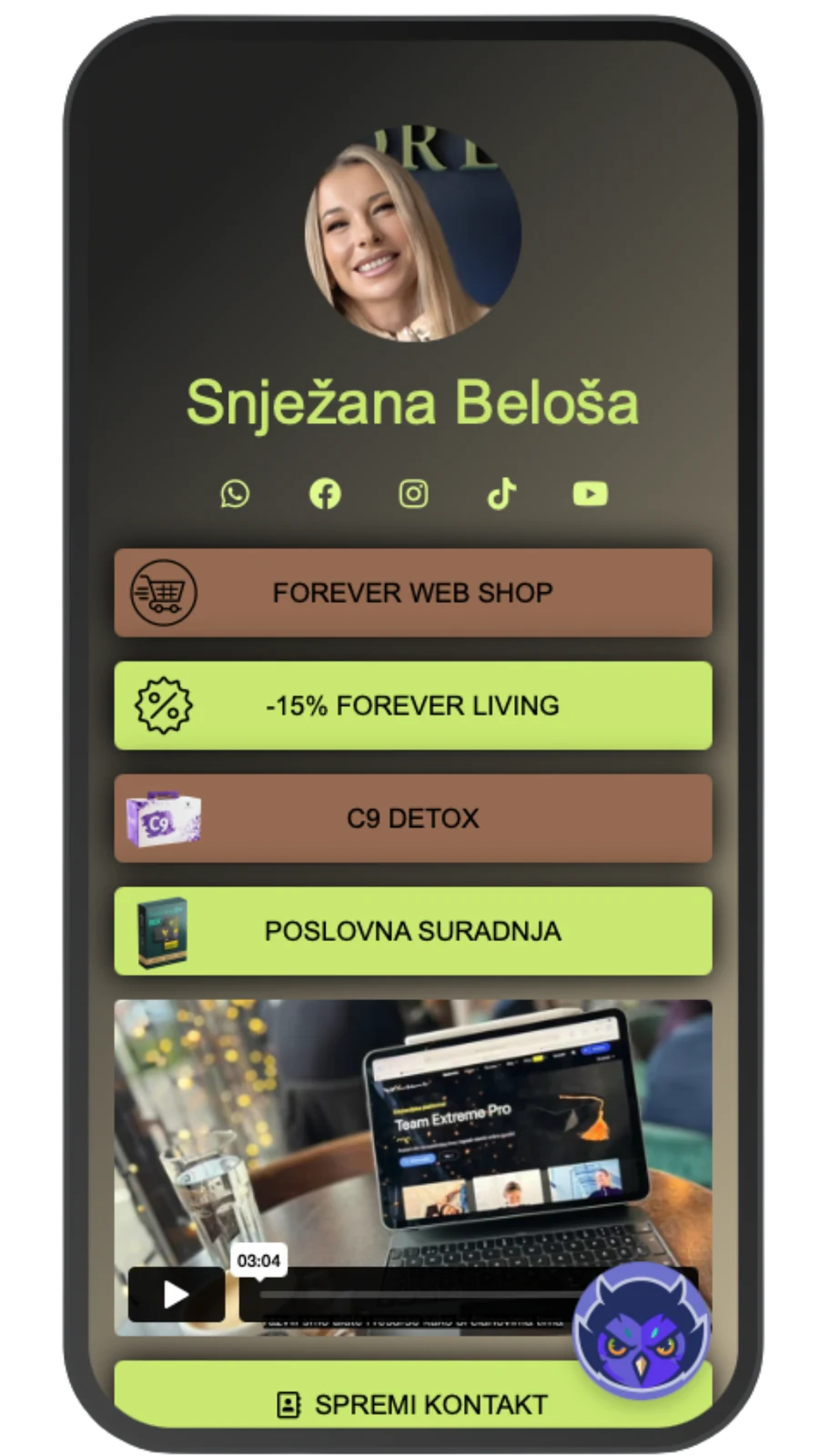 Snimka zaslona primjera aplikacije Forever Card